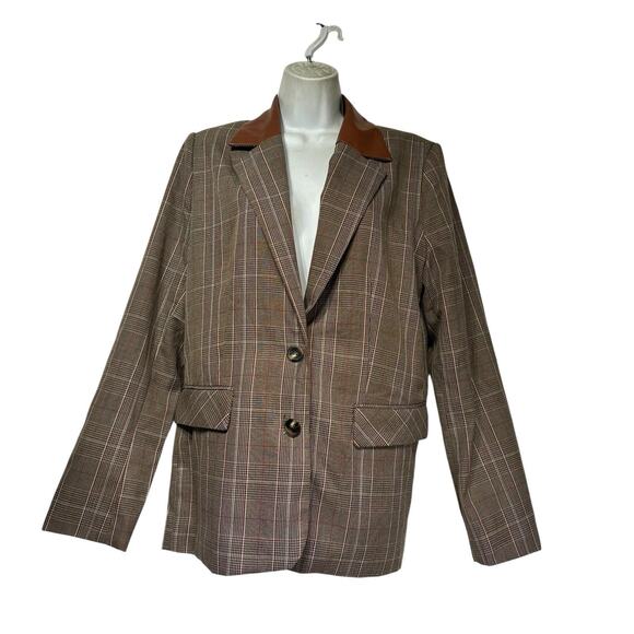 STEVE MADDEN Oversize Faux Leather Trim Blazer Camel Houndstooth Plaid Size M - Picture 1 of 5